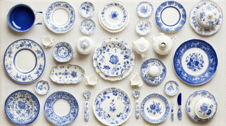 A beautiful flat lay of blue and white porcelain tableware showcasing elegant floral designs, perfect for dining or decorative purposes.の素材