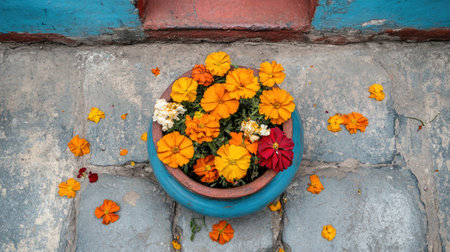 A colorful pot of vibrant flowers sits against a rustic wall. The bright blooms and scattered petals create a joyful and serene garden atmosphere.の素材