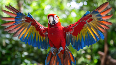 A stunning macaw displays its vibrant plumage with outstretched wings in a lush tropical environment, showcasing the beauty of wildlife in nature.の素材