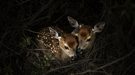 Two adorable fawns nestled closely together in a tranquil forest setting, showcasing the beauty of wildlife and the innocence of nature.の素材