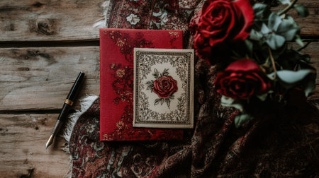 A beautiful arrangement featuring red roses, a decorative notebook, and a pen on a rustic wooden table. Ideal for romantic and creative themes.の素材