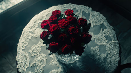 A stunning bouquet of elegant red roses sits gracefully on a lace tablecloth, creating a romantic ambiance ideal for various celebrations and decor.の素材