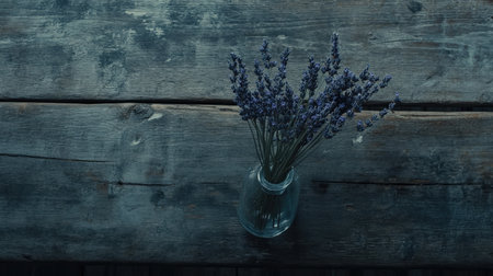 A delicate arrangement of lavender flowers in a glass vase sits atop a rustic wooden table, evoking a sense of calm and natural beauty perfect for home decor.の素材