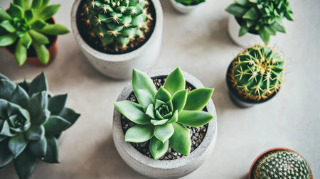A beautiful arrangement of assorted succulents in stylish decorative pots. This image captures the essence of nature and tranquility in home decor.の素材