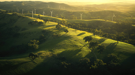 A serene landscape showcasing lush green hills dotted with wind turbines under a stunning sunset. This scene captures the harmony between nature and renewable energy.の素材