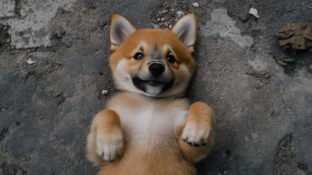 A charming puppy lying on the ground with a joyful expression. Its fluffy fur and playful demeanor capture the essence of happiness and innocence.の素材