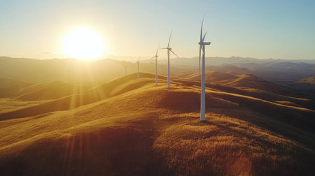 Captivating view of wind turbines silhouetted against a golden sunrise, highlighting renewable energy amidst a breathtaking landscape of rolling hills.の素材