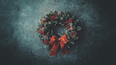 A beautifully crafted Christmas wreath featuring a red bow, pine cones, and vibrant berries against a textured dark background. Perfect for holiday decor.の素材