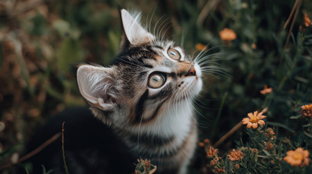 A charming young kitten gazes curiously at its surroundings in a vibrant garden setting, surrounded by flowers and greenery, evoking innocence and playfulness.の素材