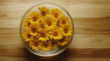 A vibrant display of fresh yellow flowers arranged in a clear glass bowl sits atop a wooden surface, showcasing natural beauty and simplicity. Perfect for home decor.の素材