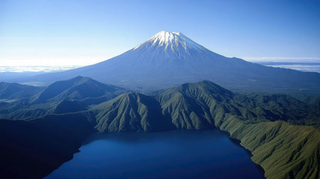 A stunning view of a majestic mountain crowned with snow, surrounded by lush greenery and a tranquil lake under a clear blue sky. Perfect for nature lovers.の素材