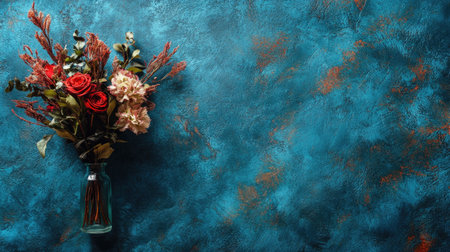 A vibrant bouquet of red and pink flowers in a glass vase sits against a textured blue background, creating an artistic and serene atmosphere for any setting.の素材