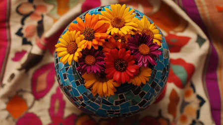 A vibrant and cheerful flower arrangement featuring bright blooms in a stunning mosaic vase. Perfect for enhancing any interior decor with color and beauty.の素材