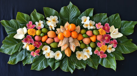 A vibrant arrangement of tropical fruits and flowers, perfect for celebrations. This display showcases nature's beauty in an artistic and colorful way.の素材