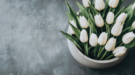 Fresh white tulips arranged elegantly in a modern planter, perfect for adding a touch of nature and simplicity to any indoor space or decor.の素材