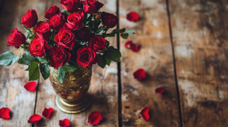 A stunning arrangement of red roses in a decorative vase surrounded by scattered petals on a rustic wooden table, perfect for romantic occasions.の素材