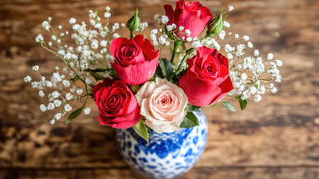 A stunning bouquet featuring vibrant pink and white roses complemented by delicate greenery, perfectly arranged in a decorative vase, ideal for home decor.の素材