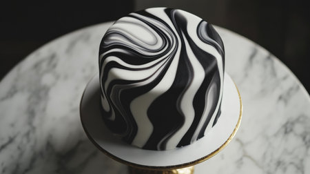 This elegant black and white swirl cake boasts a striking design on a round base, perfect for celebrations or special occasions. A true culinary masterpiece.の素材