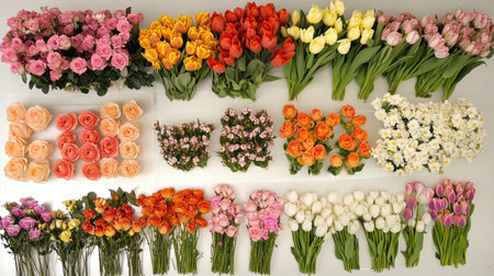 A stunning display of vibrant flowers including roses and tulips arranged beautifully, perfect for celebrations, gifts, or home decoration.の素材