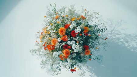 A stunning floral arrangement featuring vibrant orange, white, and red blooms. Perfect for celebrations, events, or as a cheerful decoration in any space.の素材