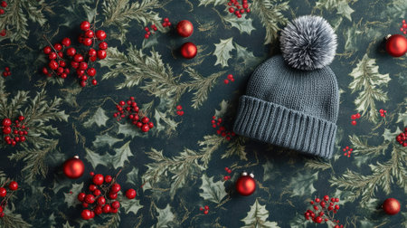 A cozy winter hat with a pompom lies amidst festive decorations, creating a warm and cheerful holiday atmosphere perfect for seasonal celebrations.の素材