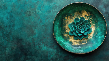 A stunning succulent placed on a turquoise plate, showcasing a unique blend of colors and textures, perfect for modern decor or artistic presentations.の素材