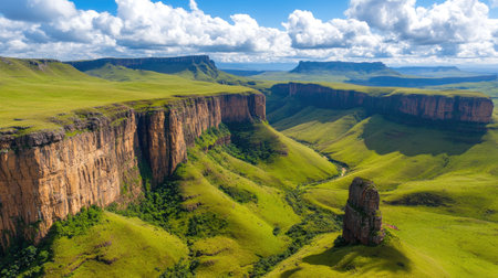 Breathtaking aerial view of green cliffs and a winding river in a serene valley. This stunning landscape captures the beauty of nature with dramatic rock formations and vibrant vegetation.の素材