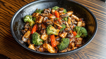 A vibrant stir-fry featuring tender chicken, fresh broccoli, bell peppers, and mushrooms. Perfectly cooked and bursting with flavor, ideal for any meal.の素材