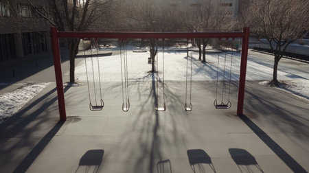 A serene view of empty playground swings surrounded by snow-covered ground and bare trees. The soft sunlight casts long shadows, creating a peaceful winter atmosphere.の素材