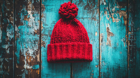 A vibrant red knit hat with a pompom rests on a rustic wooden background. This cozy accessory adds a pop of color, perfect for winter fashion shoots.の素材