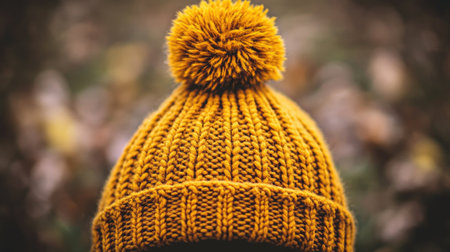 A bright yellow knit hat featuring a playful pom pom, perfect for adding warmth and style during the autumn and winter seasons. Ideal for outdoor adventures.の素材
