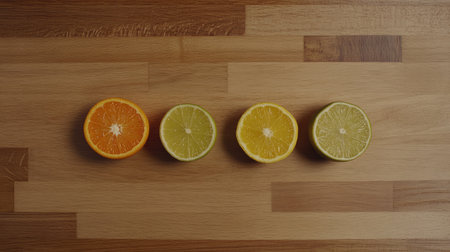 A vibrant display of fresh citrus fruits including orange, lime, and lemon, sliced and arranged on a wooden cutting board. Perfect for food photography.の素材