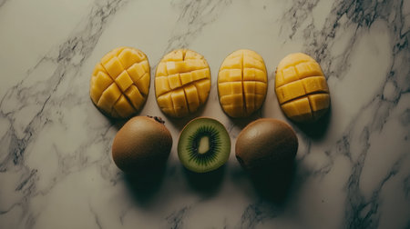 A beautiful arrangement of fresh mango and kiwi on a marble surface, showcasing vibrant colors and textures. Perfect for food photography and healthy eating themes.の素材