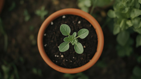 This image captures a young green plant growing in a terracotta pot filled with dark soil. The fresh leaves signify new growth and vitality in a nurturing environment.の素材