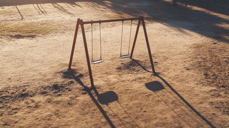 A serene view of empty swings in a playground during golden hour, casting long shadows on the grass, evoking feelings of nostalgia and tranquility.の素材