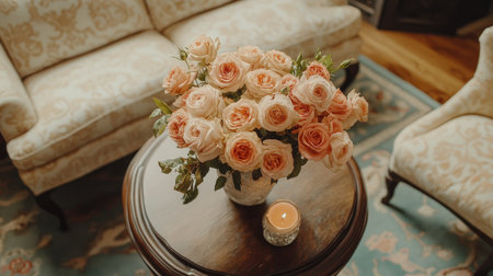A beautiful arrangement of roses brings elegance to a cozy living room. Soft colors illuminate the space, creating a warm and inviting atmosphere. Ideal for home decor inspiration.の素材