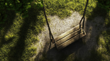 A serene wooden swing amidst lush green grass, inviting relaxation and play in a tranquil outdoor setting. Perfect for capturing the essence of nature and childhood.の素材