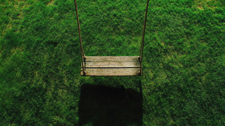 A wooden swing hangs quietly above a lush green grass field, illuminated by bright sunlight. This peaceful scene invites feelings of nostalgia and tranquility.の素材