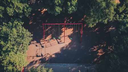 An aerial view captures an empty playground with a vibrant swing set surrounded by lush trees, highlighting the serene atmosphere and inviting nature.の素材