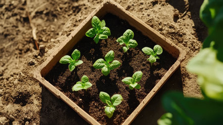 A close-up view of young seedlings emerging from rich soil in a tray, showcasing the beauty of plant growth and nurturing in a garden setting.の素材