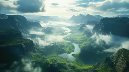 A stunning view of a mountain valley with a flowing river surrounded by lush greenery and misty clouds. Perfect for nature and landscape themes.の素材