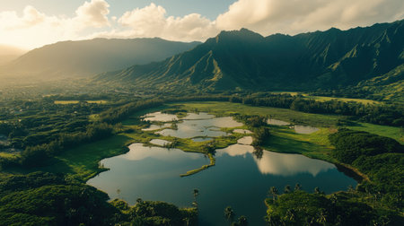 A breathtaking aerial view showcasing a lush green landscape with serene water reflections. The mountains provide a stunning backdrop, creating a tranquil atmosphere perfect for nature lovers.の素材