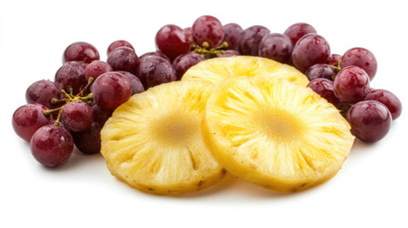 A vibrant display of fresh pineapple slices and grapes on a white background. Perfect for illustrating healthy eating, tropical flavors, or colorful snacks.の素材
