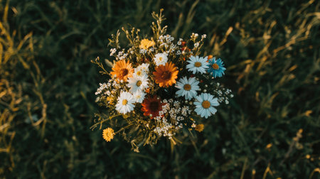A stunning bouquet of vibrant wildflowers showcases a mix of colors and textures in a natural setting. Perfect for celebrating nature's beauty.の素材