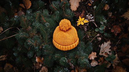 A cozy yellow knit hat rests on a forest floor surrounded by leaves and greenery. This image captures the essence of autumn fashion against a natural backdrop.の素材