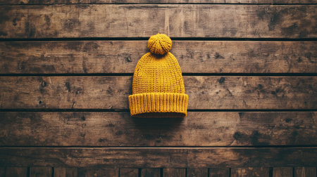 This cozy yellow knit hat, complete with a pompom, sits on a rustic wooden surface, showcasing its warmth and inviting texture perfect for winter styles.の素材