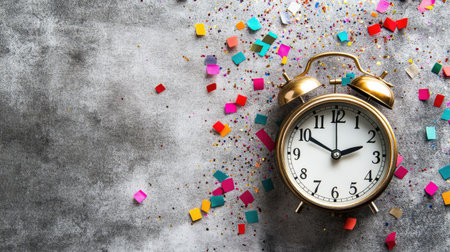 A classic alarm clock rests on a textured surface, surrounded by an array of colorful confetti. Perfect for themes of celebration, time management, and festivity.の素材