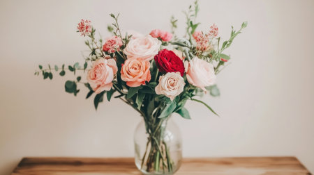 A stunning floral arrangement featuring soft pink and red roses in a clear glass vase. Perfect decoration for home and events, adding a touch of elegance and warmth.の素材