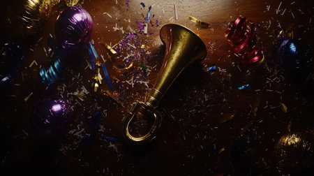 A festive scene featuring colorful confetti and shiny decorations on a wooden table. A party horn lies among the vibrant elements, creating a cheerful celebration atmosphere.の素材