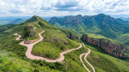 A breathtaking view of a winding mountain road cutting through lush greenery under a dramatic sky, perfect for nature lovers and travel enthusiasts.の素材